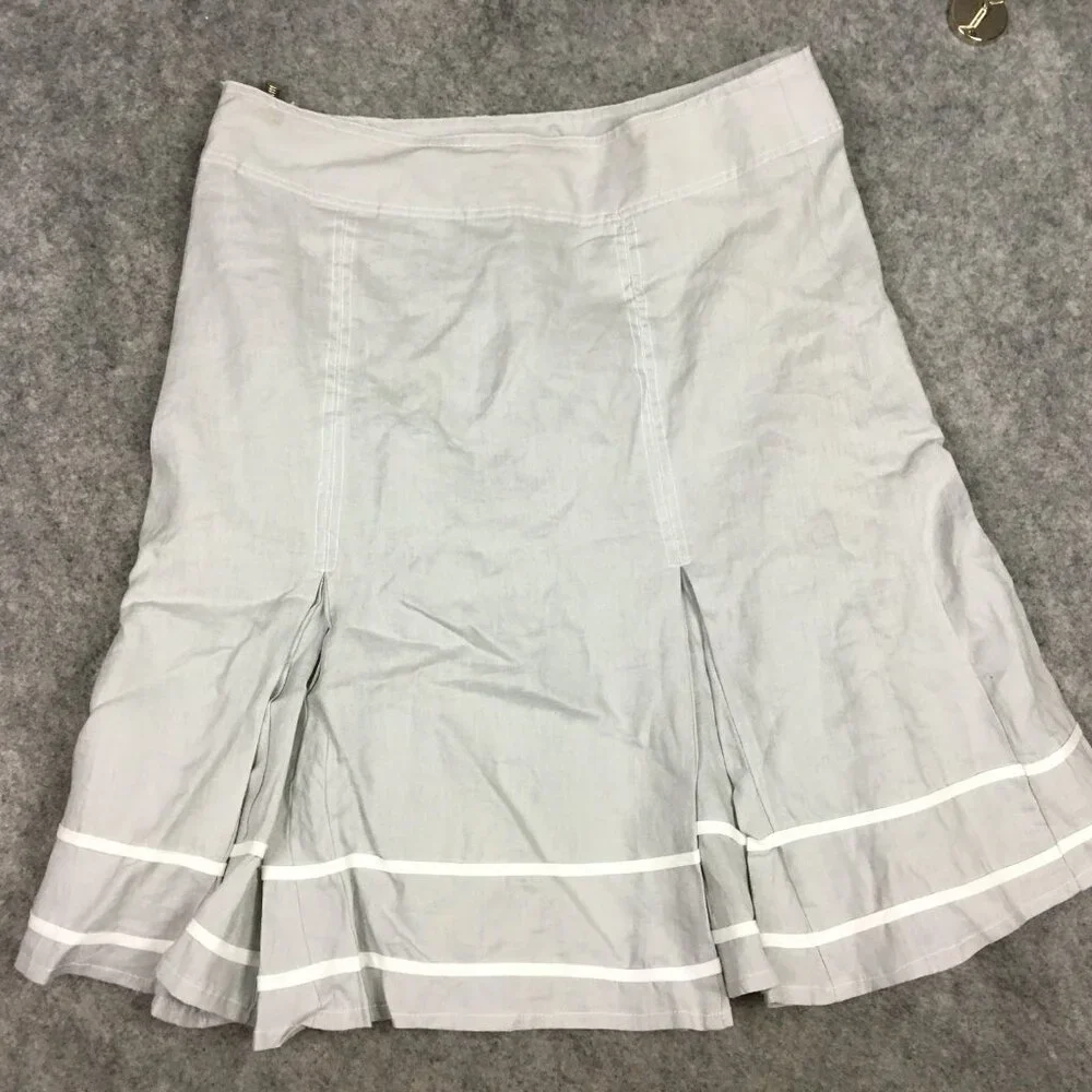 Lucy Laurel Skirt 10 Midi 100 Linen Gray Twirl Trumpet Career Casual Stripes - Picture 11 of 12